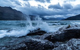 gray rock formation, coast, waves, nature, clouds