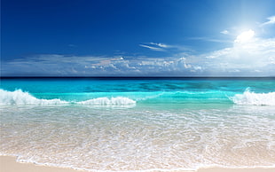 teal ocean, sea, beach, clouds, sky