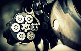 grayscale photo of revolver