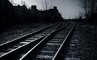 gray scale photo of train rails HD wallpaper