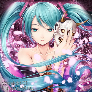 female anime character with teal hair holding white demon mask HD wallpaper