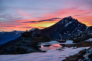 gray mountain, mountains, snow, sunrise