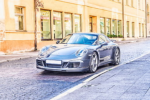 blue Porsche coupe, Sports car, Front view, Stylish