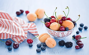 assorted berries in white and red ceramic bowl