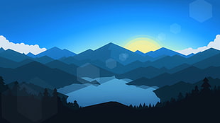 lake between mountains during sunrise illustration