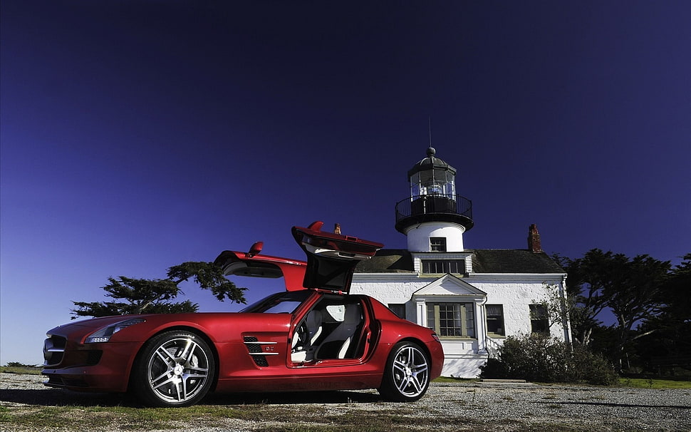 red Mercedes-SLS AMG coupe, Mercedes SLS, red cars, vehicle, car HD wallpaper