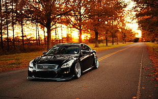 black Infiti sedan, car, road, trees, rims HD wallpaper