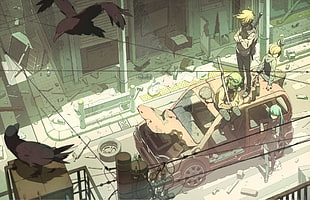 brown wooden framed glass top table, Vocaloid, car, Kagamine Len, Kagamine Rin HD wallpaper