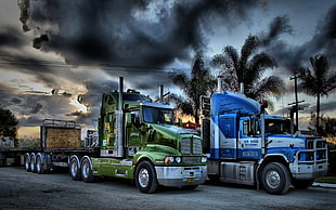 two blue and green freight trucks, trucks, digital art, Truck, vehicle HD wallpaper
