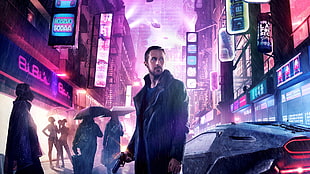 men's black jacket, Blade Runner 2049, Ryan Gosling, neon, futuristic HD wallpaper