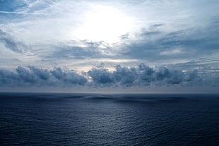 white and blue floral mattress, sea, sky, horizon, clouds