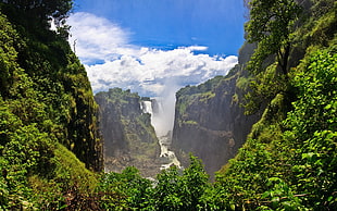 waterfalls beside mountains, nature, landscape, waterfall, valley