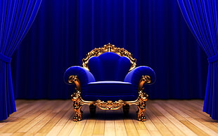 photo of blue padded chair with gold-colored base on brown wooden surface HD wallpaper