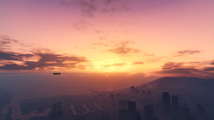 sunrise, Grand Theft Auto V, sunset, sea, city HD wallpaper