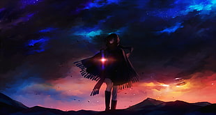 girl with cape under dark skies HD wallpaper