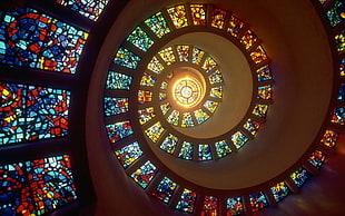 brown spiral stair, stained glass HD wallpaper