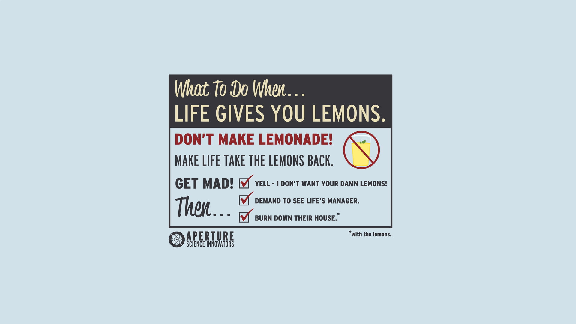 What to do when life gives you lemons text, Portal (game), text,  minimalism, humor HD wallpaper | Wallpaper Flare