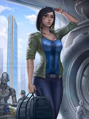 woman in blue top and green jacket illustration