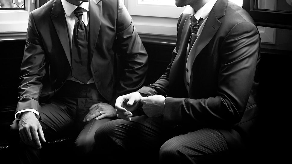 grayscale photo of two person wearing blazersq, men, suits HD wallpaper