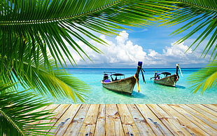 two boat on body of water beside wooden dock HD wallpaper