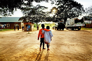 boy's red long-sleeved shirt, children, trees, town, Africa HD wallpaper