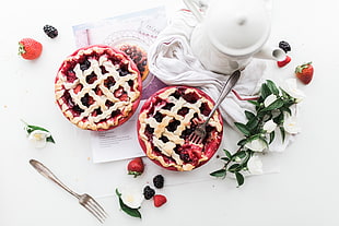 stainless steel fork on strawberry pie near strawberries HD wallpaper