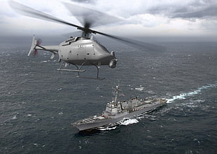gray helicopter on the top of ship HD wallpaper