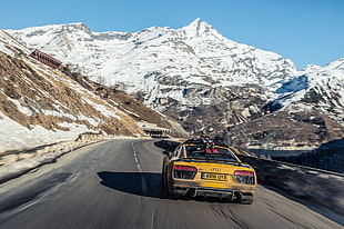 yellow Audi car, mountains, road, vehicle, car