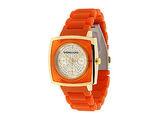 square shaped gold bezel chronograph watch with orange link bracelet HD wallpaper