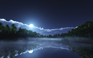 calm water under white clouds and full moon, nature, landscape, starry night, moonlight HD wallpaper