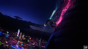 digital artwork of person, cyberpunk, science fiction, neon, city