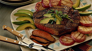 cooked meat and sliced avocado fruits, food, meat, steak, onion HD wallpaper