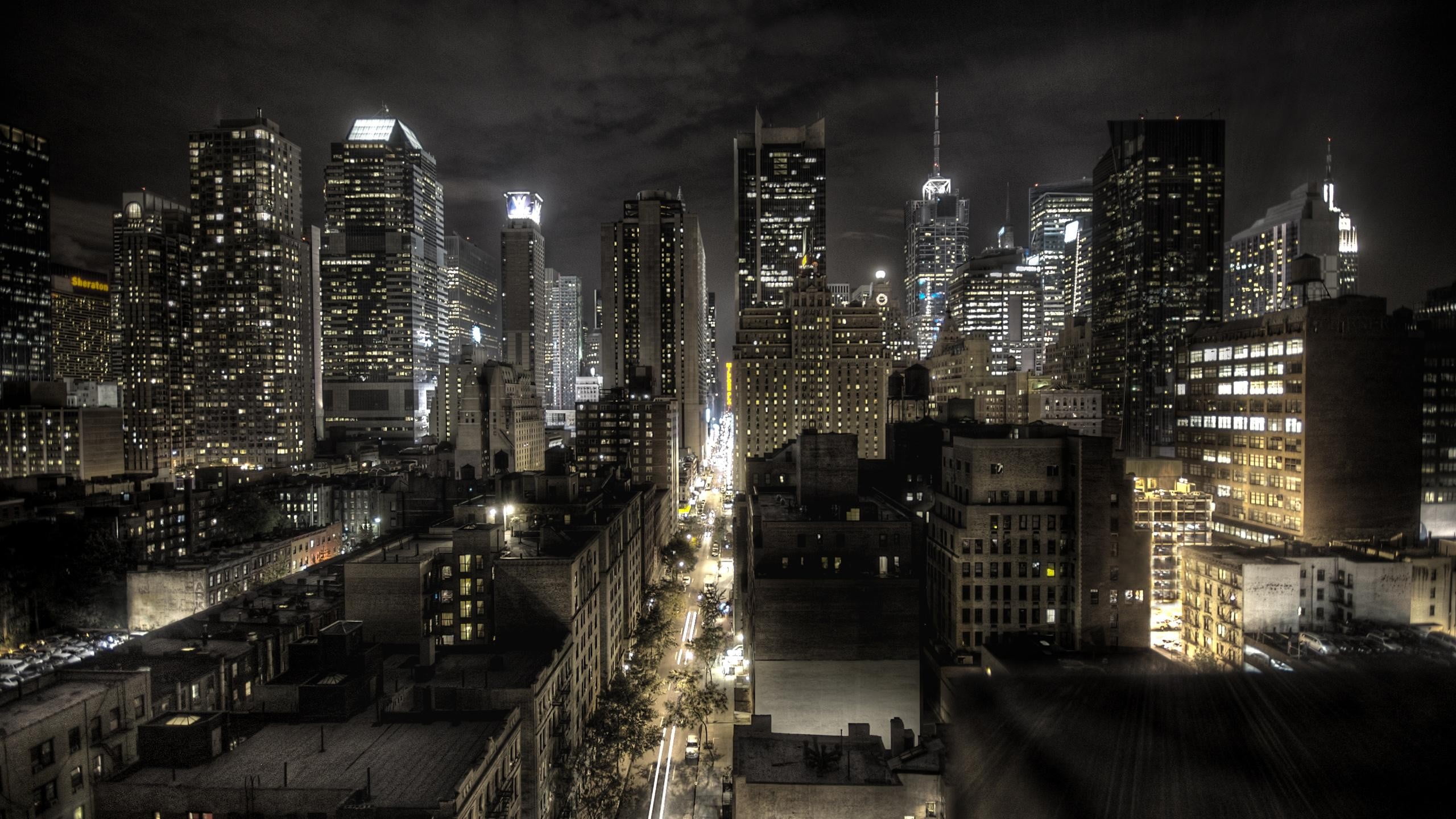 high rise buildings, night, city, lights, skyscraper