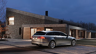 silver station wagon, Jaguar XF, Jaguar, house, car HD wallpaper