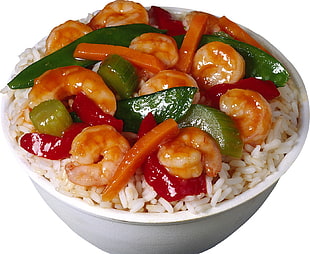shrimp with vegetable sauce and rice HD wallpaper