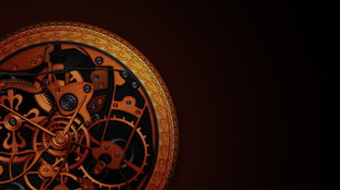 brown skeleton watch, artwork, clocks, clockwork, gears HD wallpaper