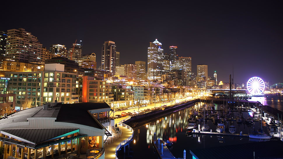 city buildings and lake, Seattle, beach, night, shot HD wallpaper