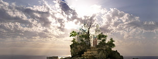 white castle on islet, fantasy art HD wallpaper