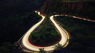 highway photo, road, forest, hairpin turns, long exposure HD wallpaper