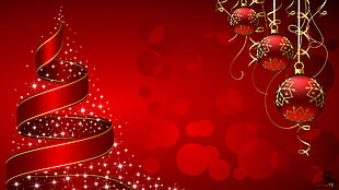 red ribbon and baubles illustrations HD wallpaper