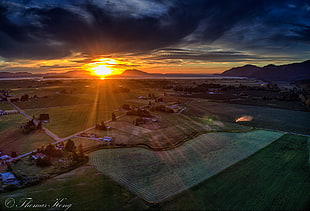 grassfield, sunset, clouds, landscape, sun rays