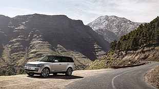 black and gray SUV, Range Rover, road, mountains, vehicle HD wallpaper