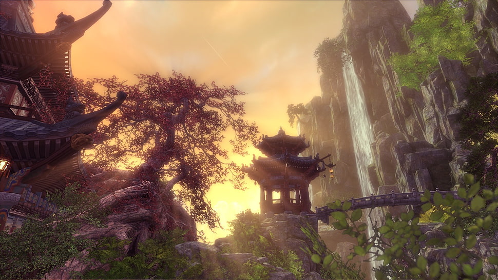 brown wooden house with trees, PC gaming, Blade & Soul HD wallpaper