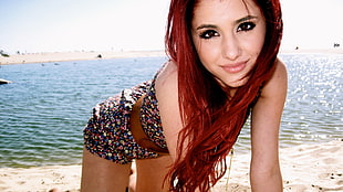 women's multicolored swimsuit, redhead, Ariana Grande, women, model