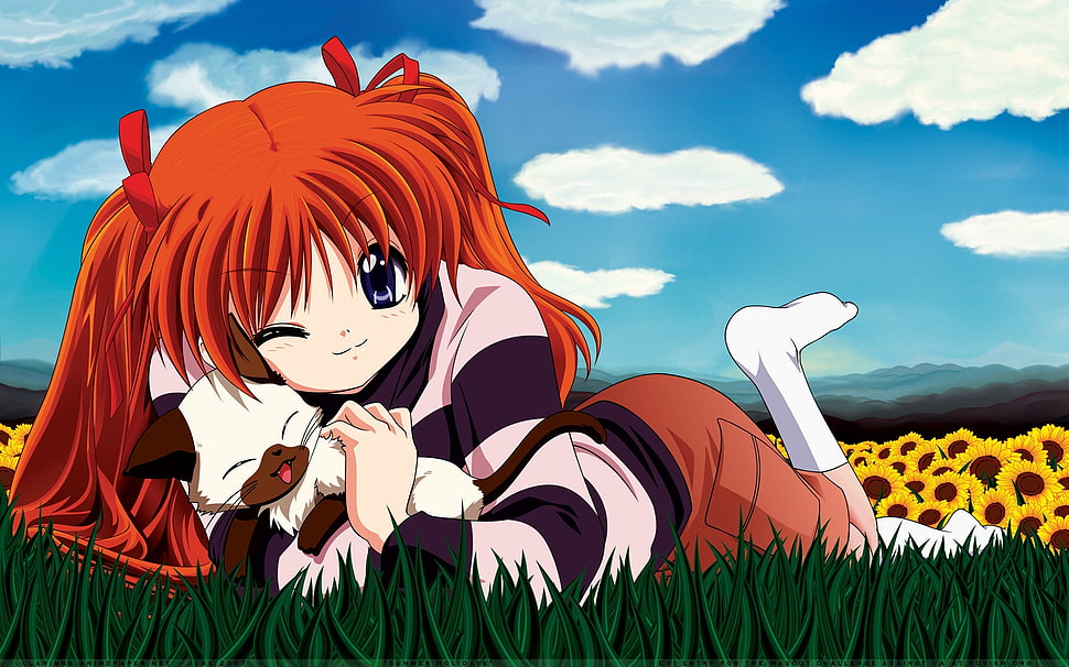 orange haired woman anime character lying on grass HD wallpaper
