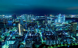 blue building lights, Japan, city lights, blue, night HD wallpaper