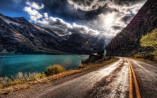 asphalt road, nature, landscape, road, lake