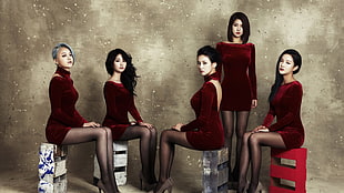 women's red velvet scoop-neck long-sleeved mini dress, Asian, women, group of women, brunette HD wallpaper