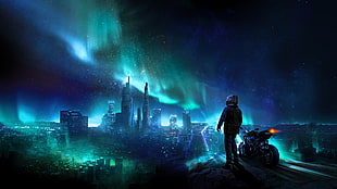 digital photo of man standing watch aurora sky over high rise buildings HD wallpaper