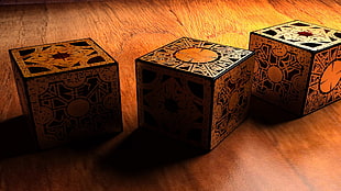 three cube-shaped brown-and-black decors, cube, Hellraiser, Lemarchand's box, movies HD wallpaper
